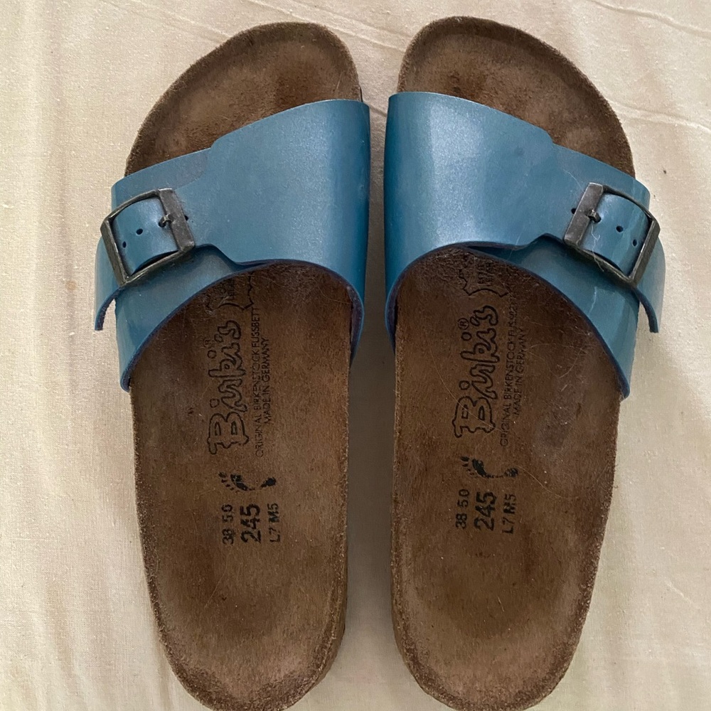 Birkenstock Single Buckle Blue Patent Slide